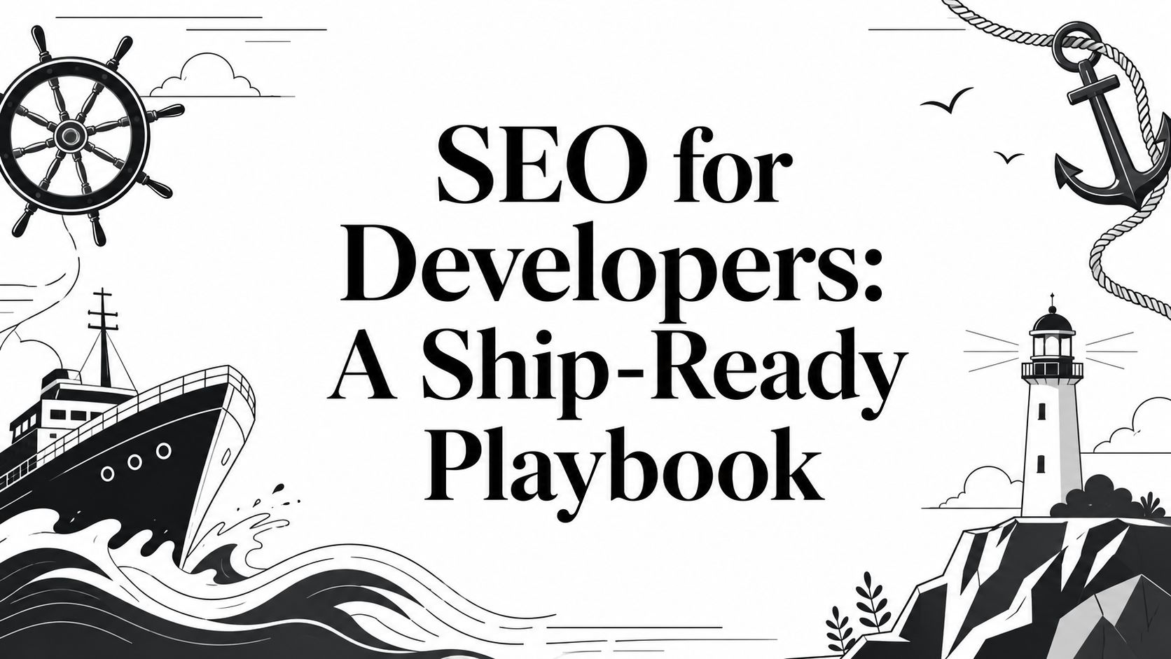 A hand-drawn nautical cover for a developer SEO playbook, featuring a ship, ship's wheel, anchor, and lighthouse.