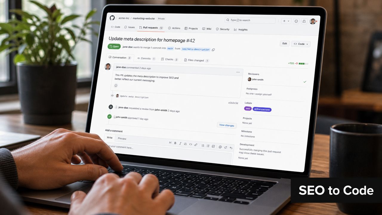 A person working on a laptop displaying a GitHub pull request page regarding website meta description updates.